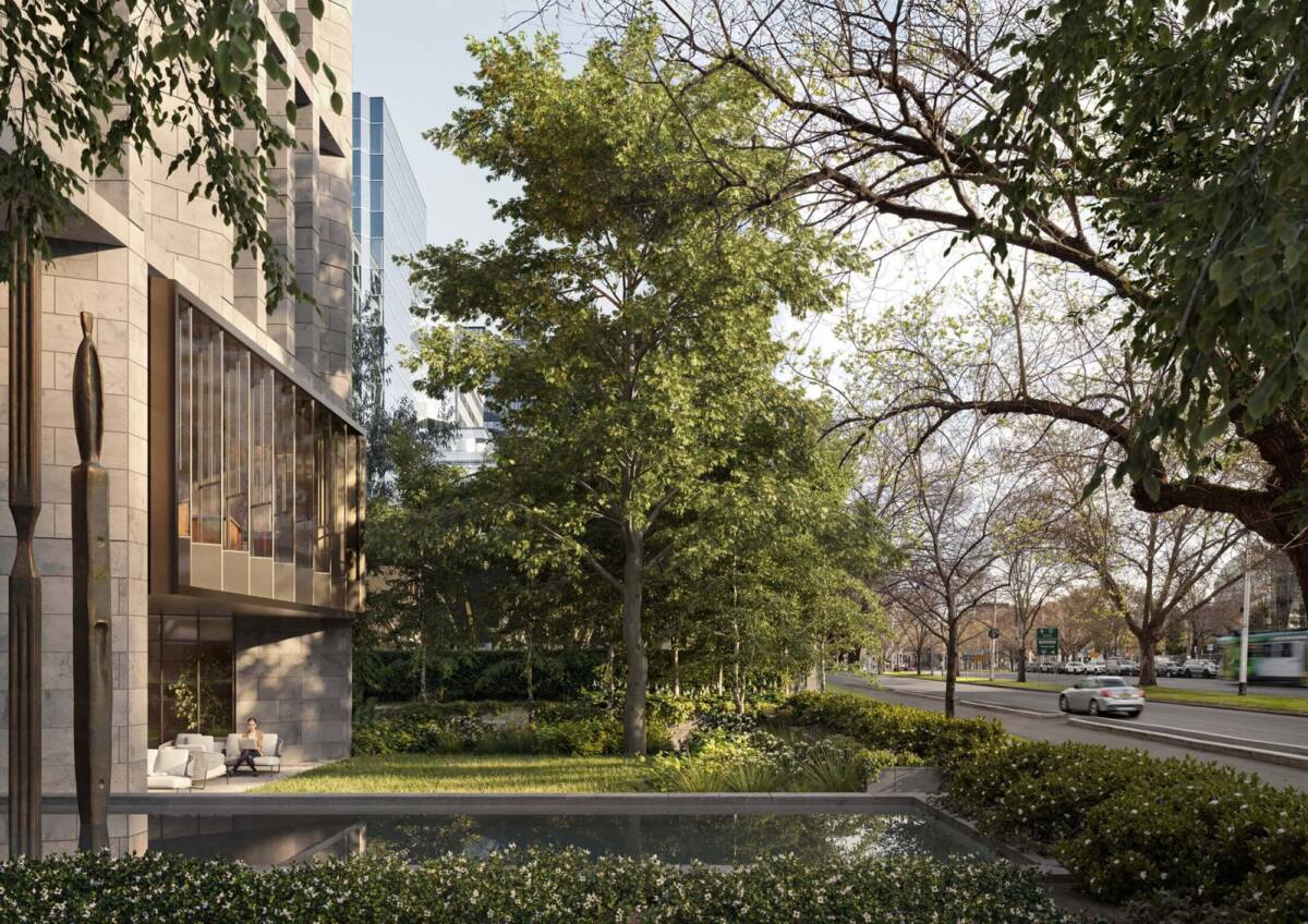 セントキルダ・ロードの並木と The Carter Building 低層部のイメージ